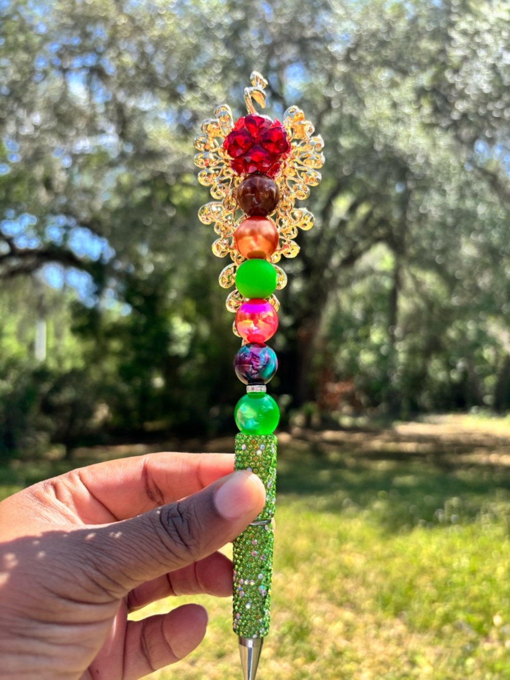 Handcrafted Gold Jeweled Rhinestone Peacock Crystal Pen - Multicolor Gem Accent - Picture 7 of 7